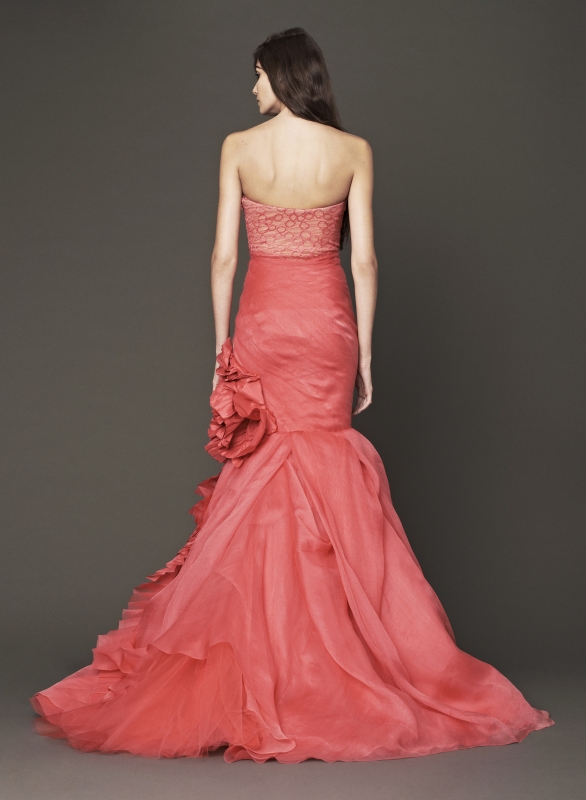 Vera Wang - Fall 2014 Bridal Collection - Wedding Dress Look 9
<br><br>
Coral strapless silk mermaid gown with organza flange detail accented by faille blossom, pleated organza and floral beaded embroidery.

<br><br>